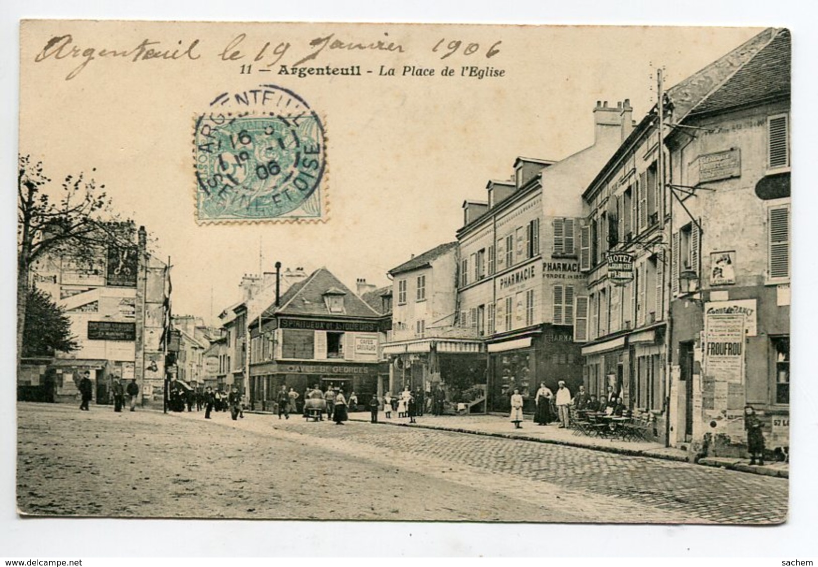 95 ARGENTEUIL Place De L'Eglise Commerces Affiche Mur ' Frou Frou "  1906 écrite Timbrée    D19 2019 - Argenteuil