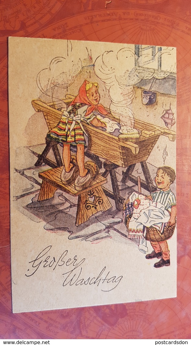 DDR Postcard - Humour - Little Girl - Mäderl , Waschtag - Künstlerkarte - Hausen, Lungers