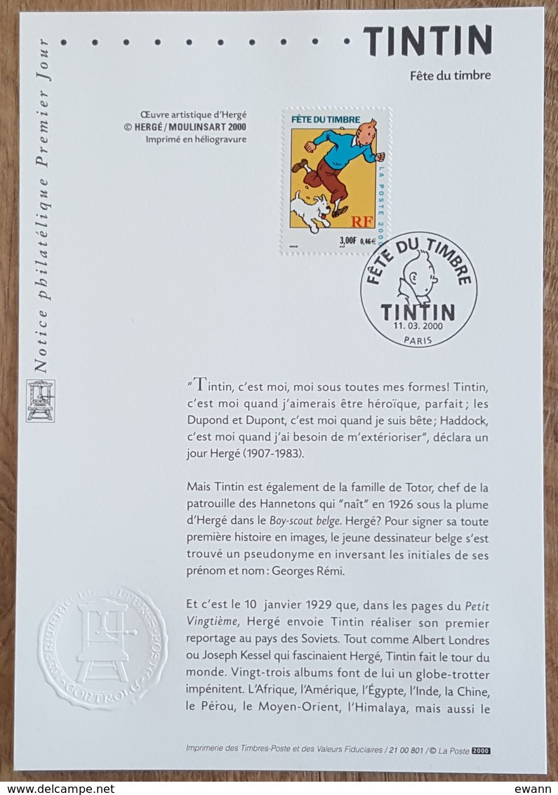 FDC Sur Document - YT N°3303 - FETE DU TIMBRE / TINTIN - 2000 - 2000-2009