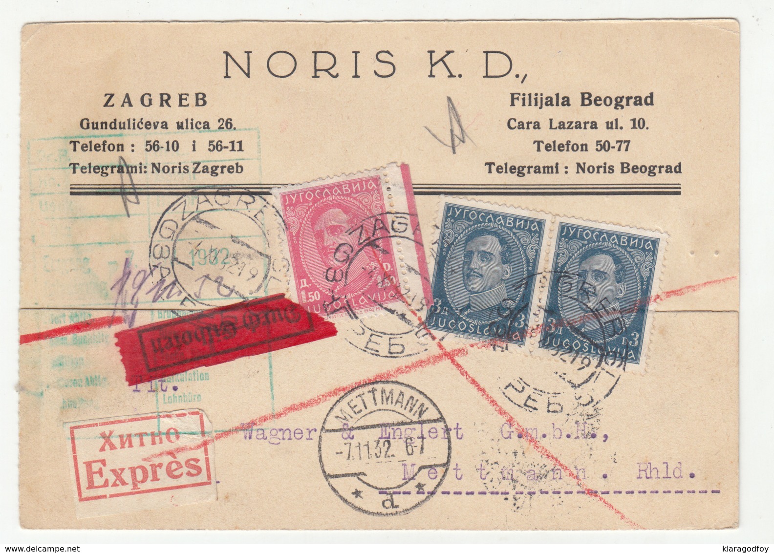 Noris KD, Zagreb Company Postcard Posted Express 1932 To Mettmann - Sticker Hitno Expres Bb200101 - Croatie