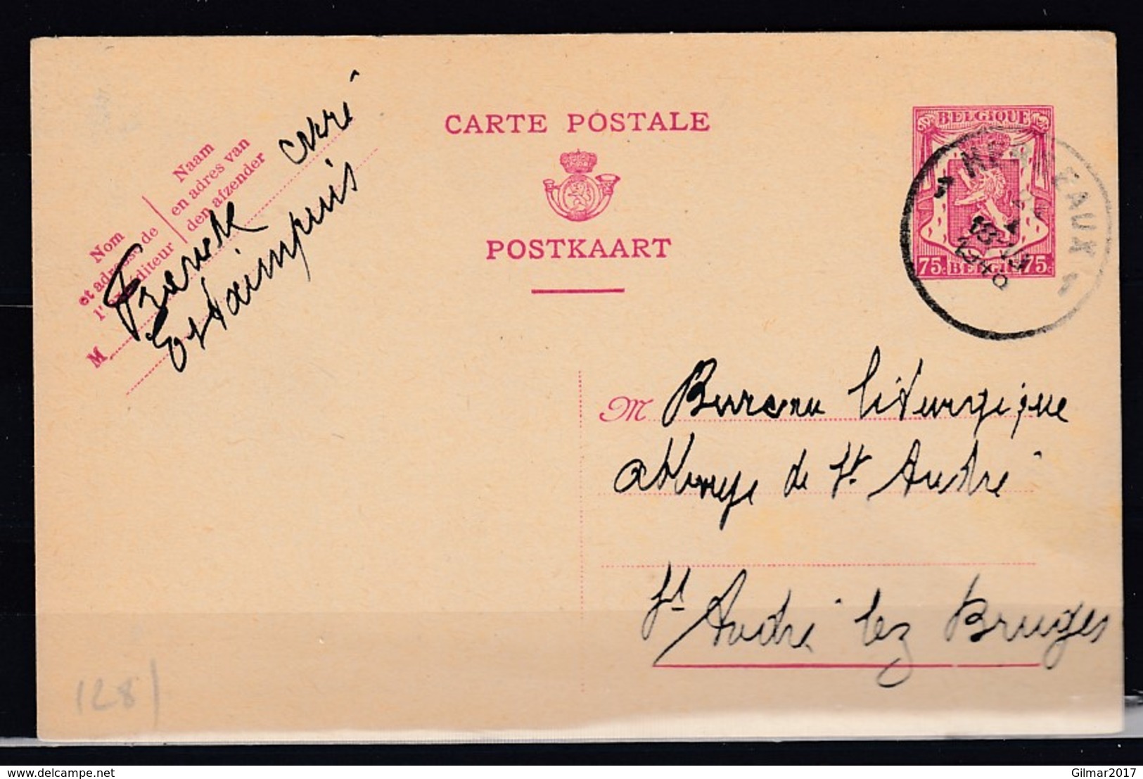 Postkaart Van Herseaux 1 Naar St Andre Lez Bruges - 1935-1949 Kleines Staatssiegel