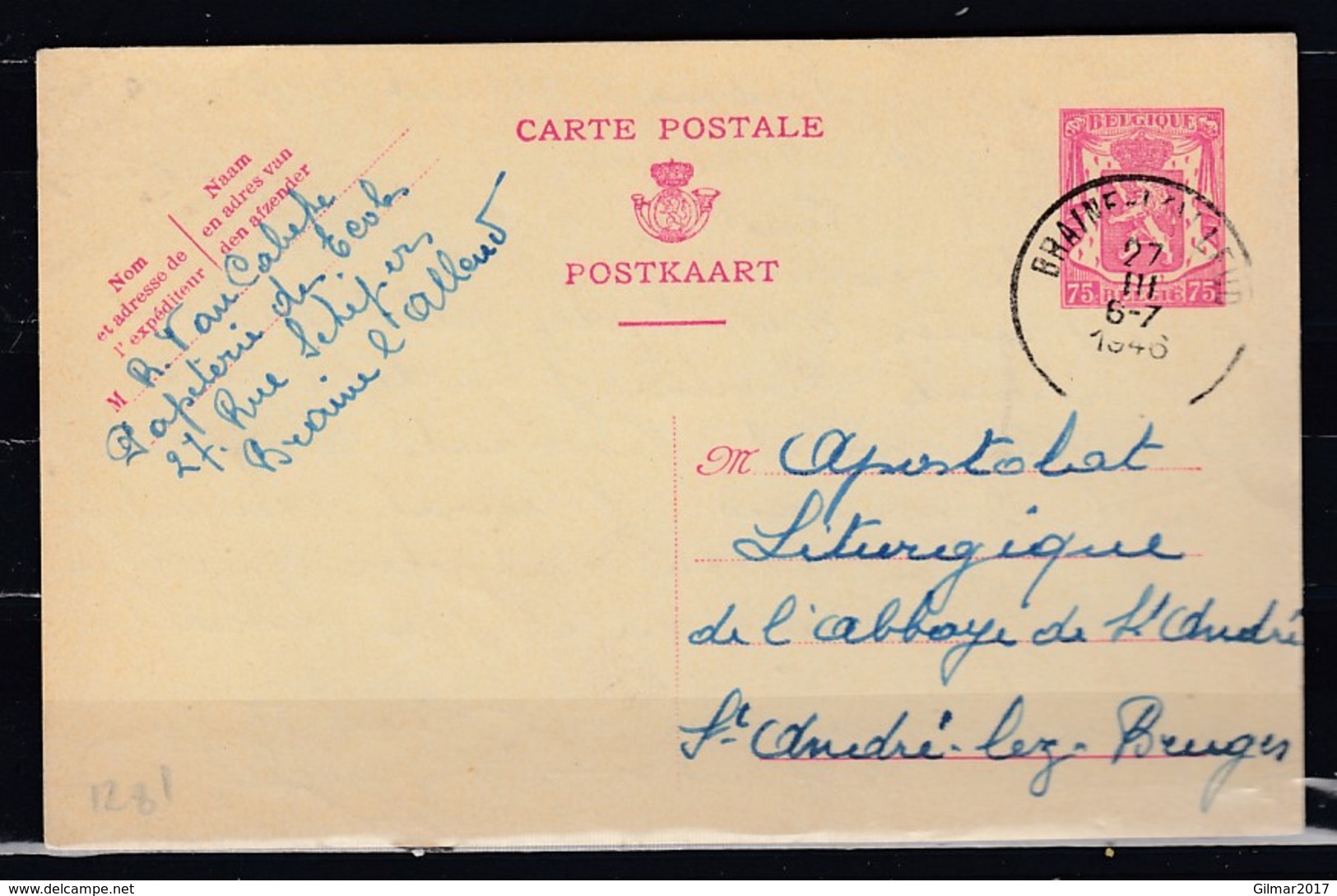 Postkaart Van Braine L'Alleud Naar St André Lez Bruges - 1935-1949 Kleines Staatssiegel