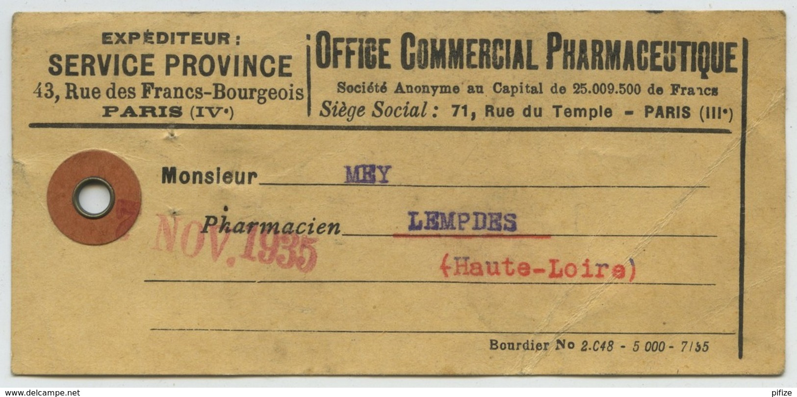 Paire Semeuse N° 270 + Paix N° 283 Perforés MS / étiquette De Colis 1935 Office Commercial Pharmaceutique . Pharmacie . - Autres & Non Classés