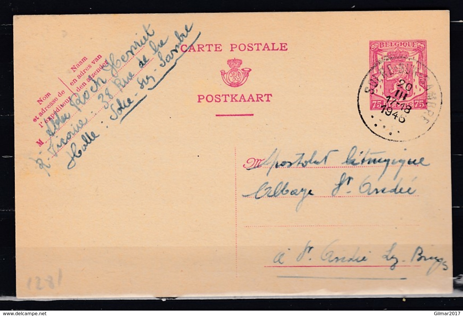 Postkaart Van Solre-Sur-Sambre Naar St André Lez Bruges - 1935-1949 Piccolo Sigillo Dello Stato