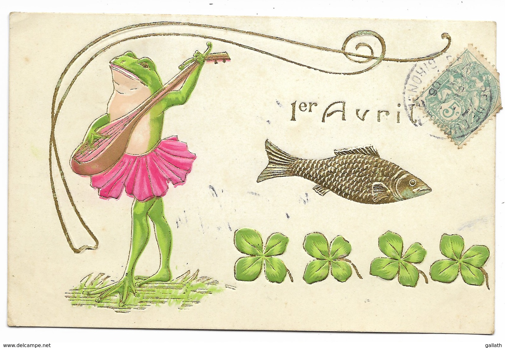 1er AVRIL Carte Fantaisie Gaufrée...Grenouille, Poisson Et Banjo...1906 - Erster April