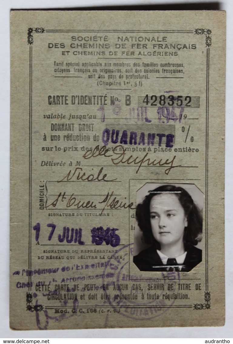 Ancienne Carte D'identité SNCF Années 40 Société Nationale Des Chemins De Fer Français Dupuy Nicole Saint Ouen Sur Seine - Unclassified