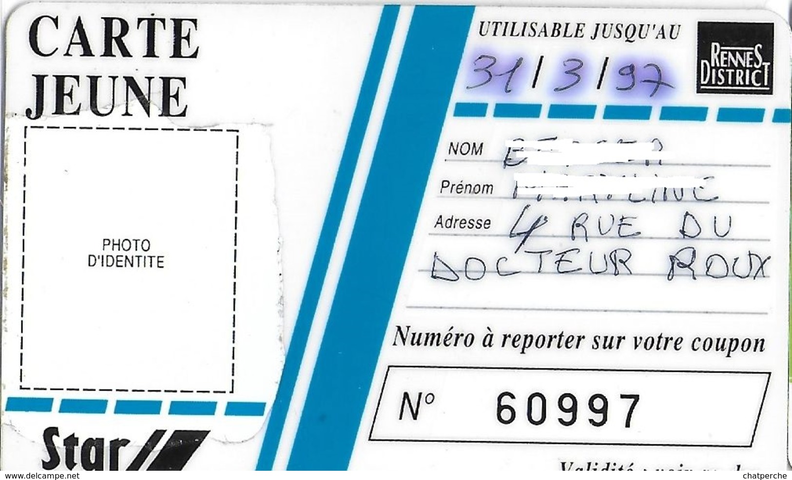 TICKET BILLET TRANSPORT AUTOBUS CARTE JEUNE AGGLOMÉRATION RENNES 35 ILLE ET VILAINE - Autres & Non Classés