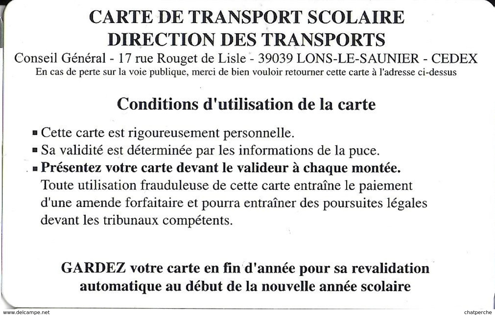 TICKET BILLET TRANSPORT AUTOBUS CARTE TRANSPORTS SCOLAIRES CONSEIL GÉNÉRAL LONS LE  SAUNIER JURA 39 - Autres & Non Classés