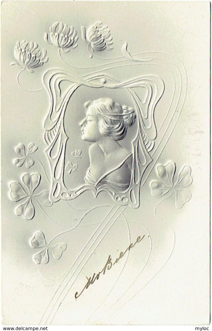 Carte Gaufrée. Femme. Trèfle Et Fleurs. Art Nouveau. - Frauen