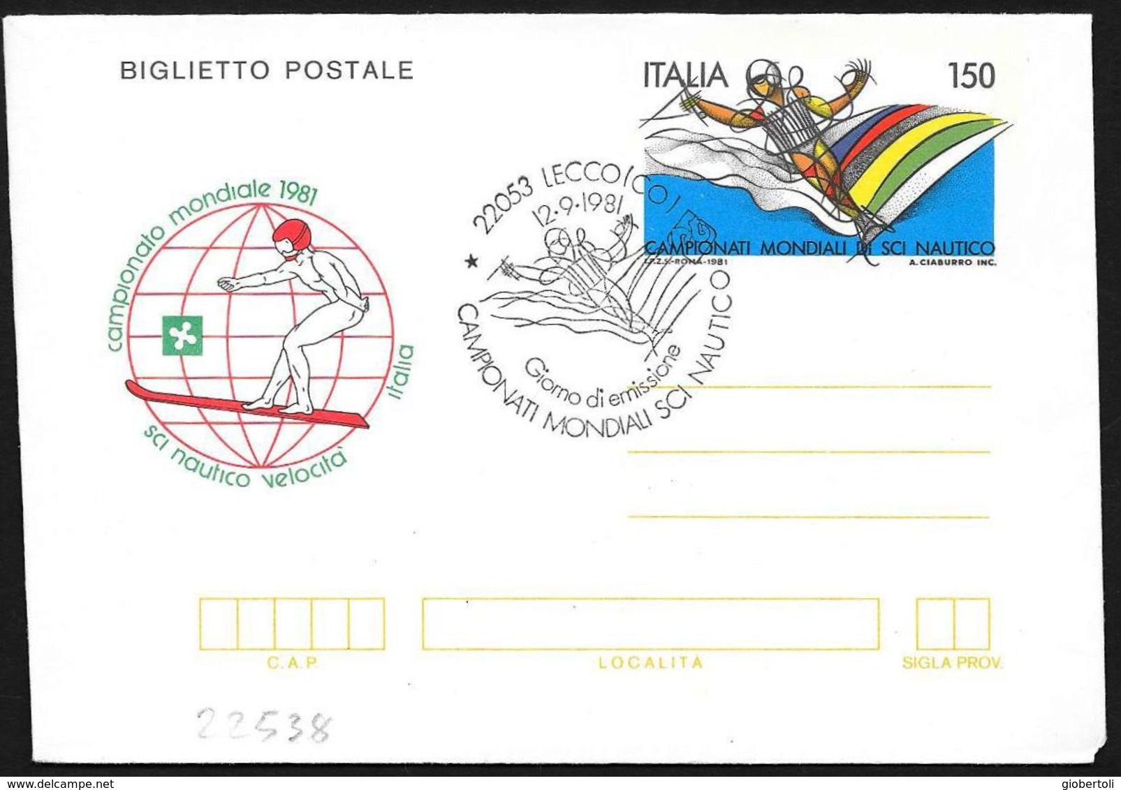 Italia/Italy/Italie: FDC, Intero, Stationery, Entier, Campionato Mondialedi Sci Nautico, World Water Ski Championship, C - Ski Nautique