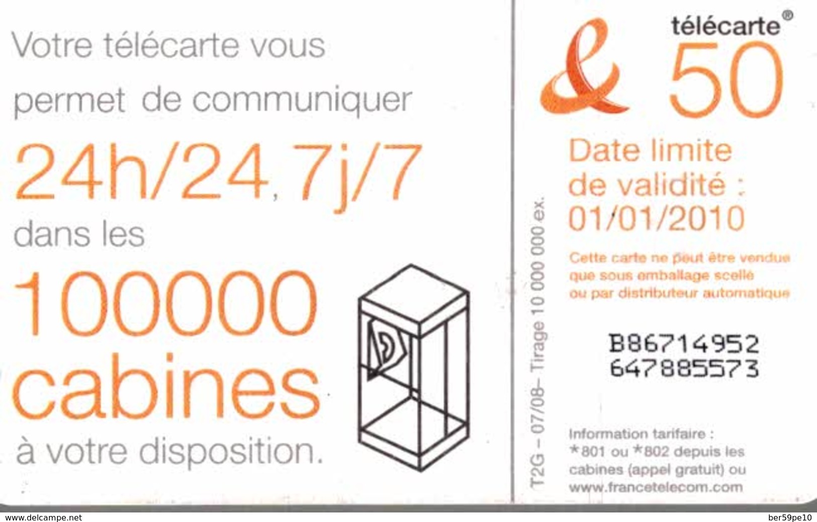 TELECARTE 50 UNITES 24 H/24 H  7J/7 DANS LES 100000 CABINES - 2008