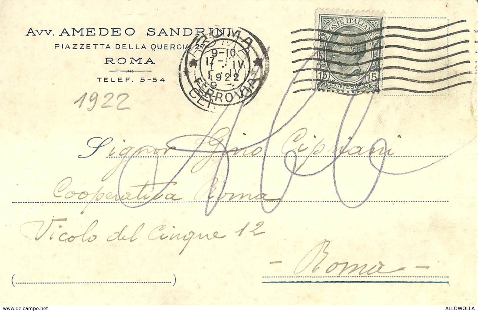 6299 "AVV. AMEDEO SANDRINI-ROMA"CART. POST. ORIG. SPEDITA 1922 - Mercanti