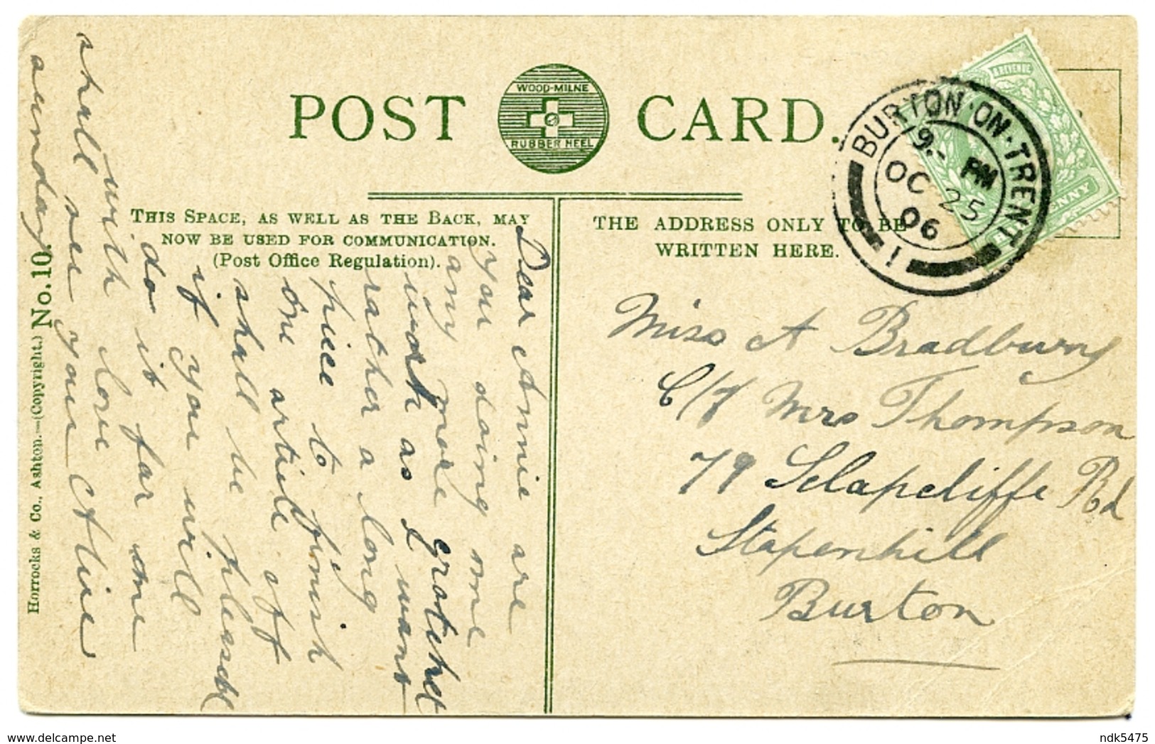 CHATSWORTH HOUSE / POSTMARK - BURTON ON TRENT / ADDRESS - BURTON, STAPENHILL, SCALPCLIFFE ROAD - Derbyshire