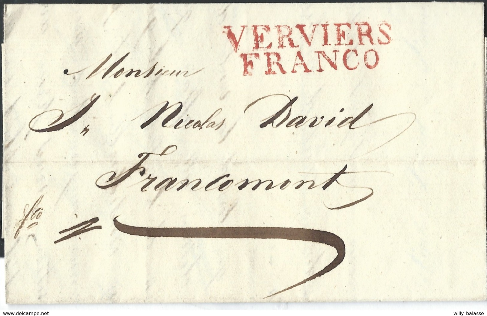L 1831 Griffe VERVIERS / FRANCO + "5" Au Dos Pour Francomont - 1830-1849 (Independent Belgium)