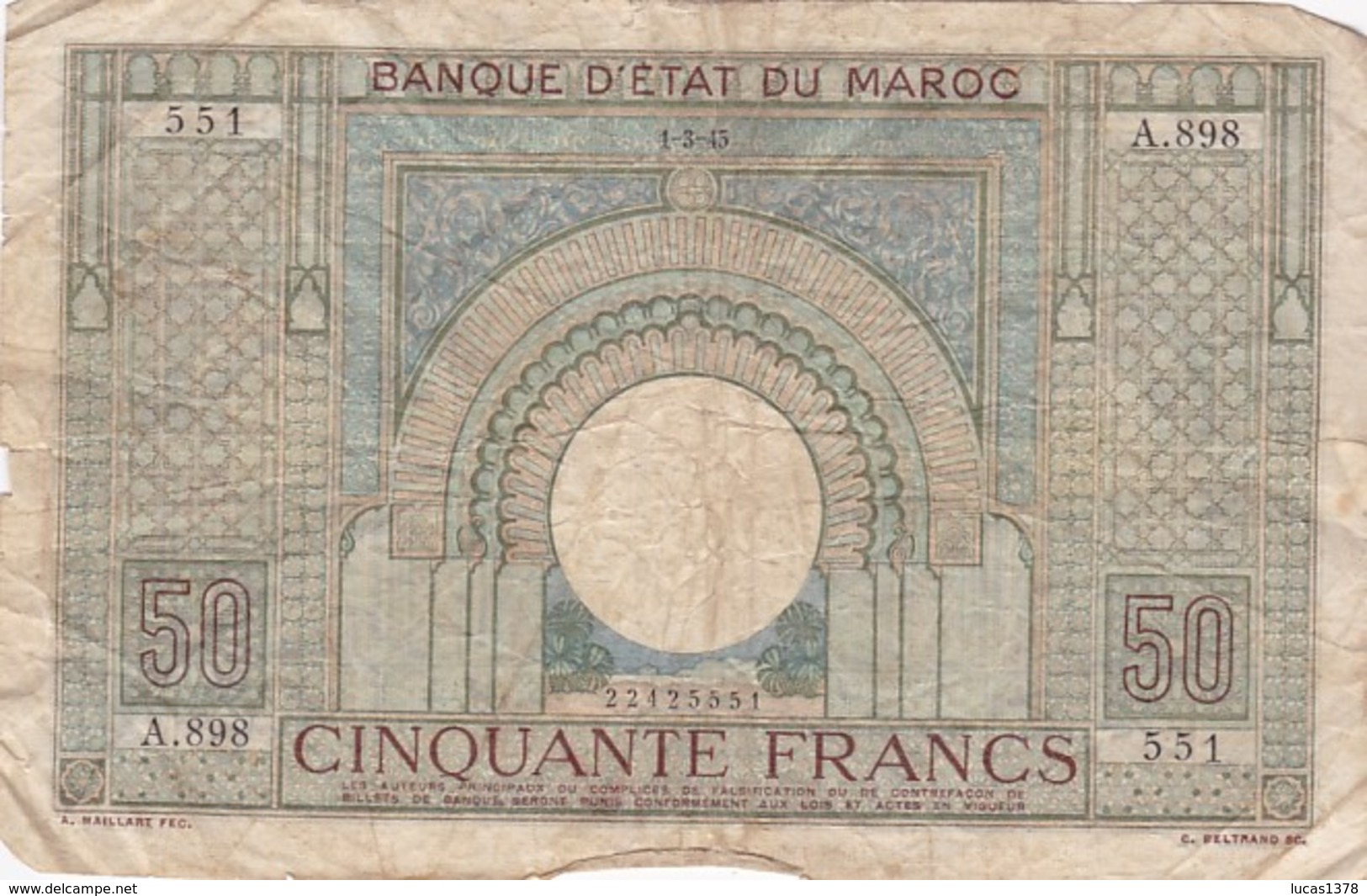 MAROC /  50FRANCS / 01/03/1945 / RARE - Morocco