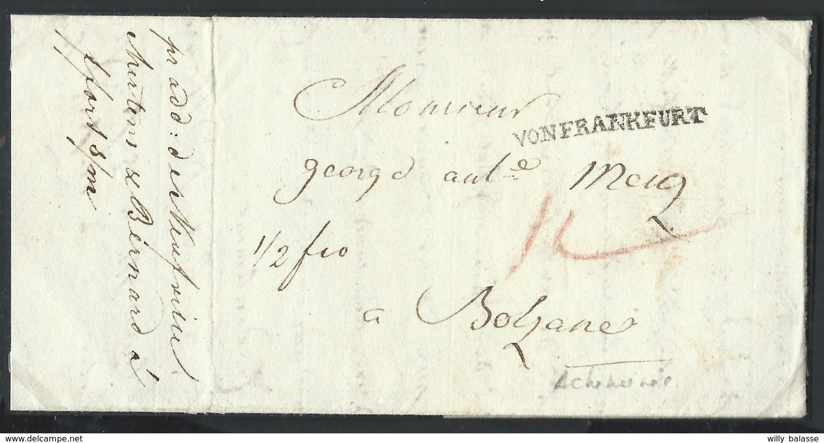 L 1801 Datée De Verviers + Griffe "VONFRANKFURT +"12" + "1/2 Fco"  Acheminée Par "Mertens Et Bernard" Pour Bolzano - 1794-1814 (Franse Tijd)