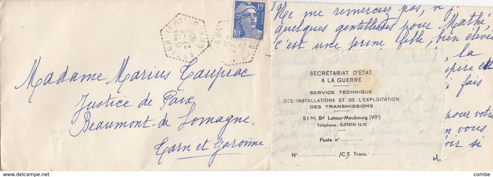 LETTRE. 1954. RARE POSTE AUTOMOBILE RURALE. LOT ASSIER C.P. N° 5. DE REYREVIGNES POUR BEAUMONT          / 2 - 1921-1960: Moderne