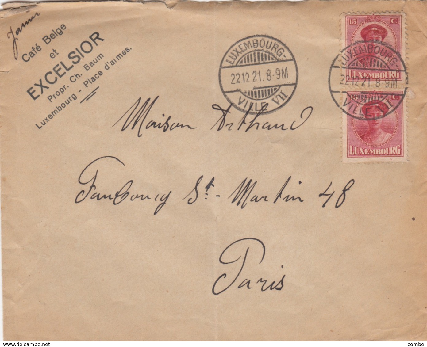 LETTRE. LUXEMBOURG. 22 12 21. EXCELSIOR POUR MAISON ARTHAUD PARIS         / 2 - Lettres & Documents