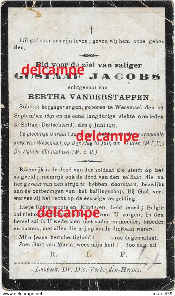 Oorlog Guerre Gustaaf Jacobs Wezemaal Soldaat Gesneuveld Te Soltau 1917 Vanderstappen Lubbeek - Andachtsbilder