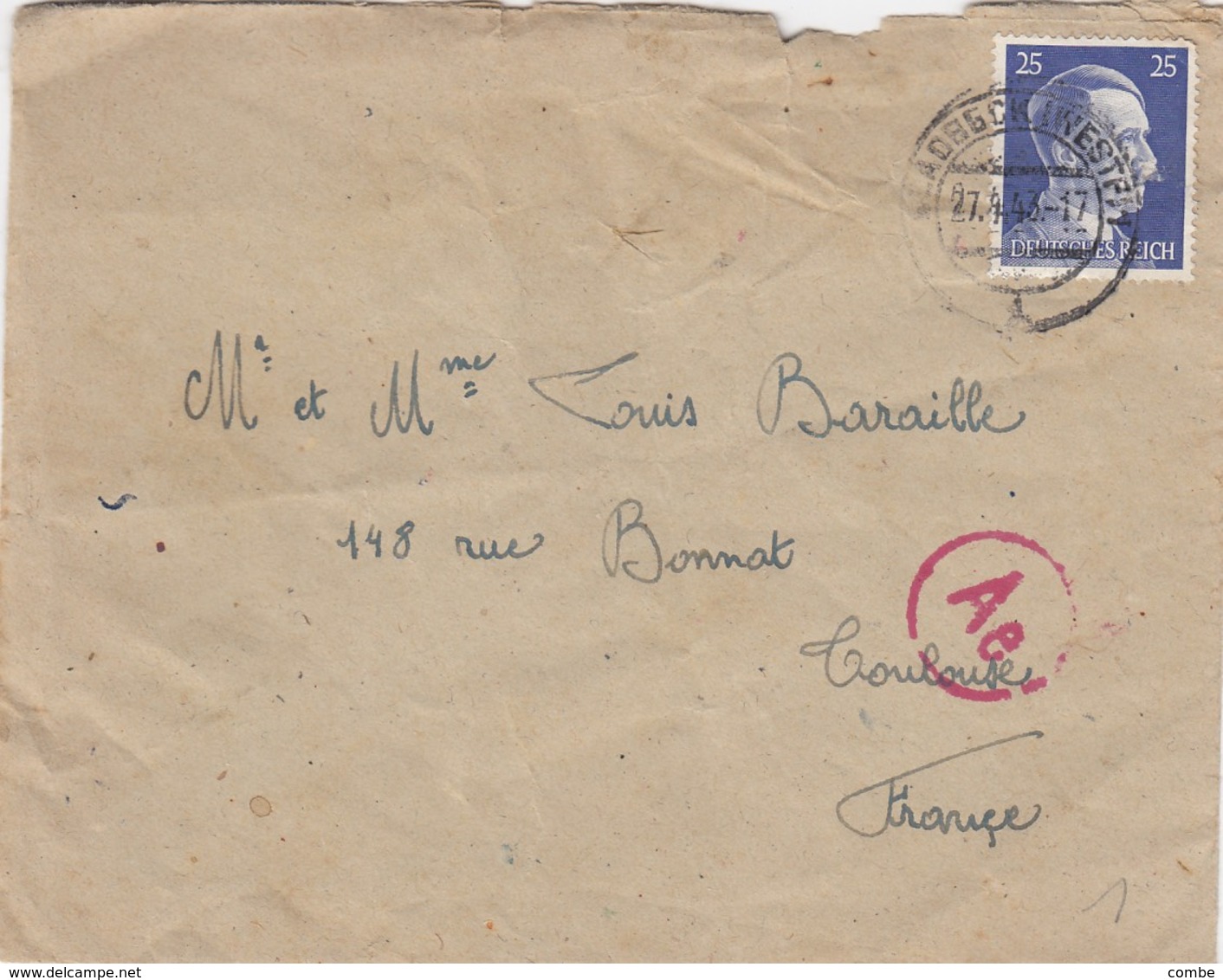 LETTRE. ALLEMAGNE.  27 4 43. 25 Pf. WLADBECK(?) POUR TOULOUSE FRANCE. CENSURE       / 2 - Briefe U. Dokumente