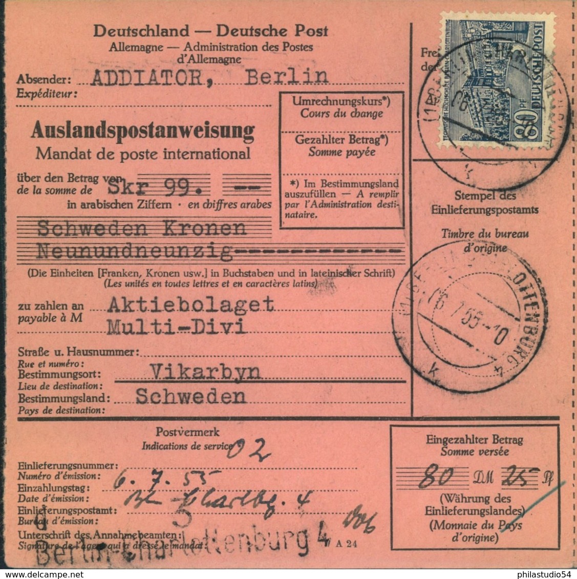 1955, Postanweisung Nach Schweden Mit 80 Pfg. Bauten EF Ab BERLIN-CHARLOTTENBURG 4 - Altri & Non Classificati