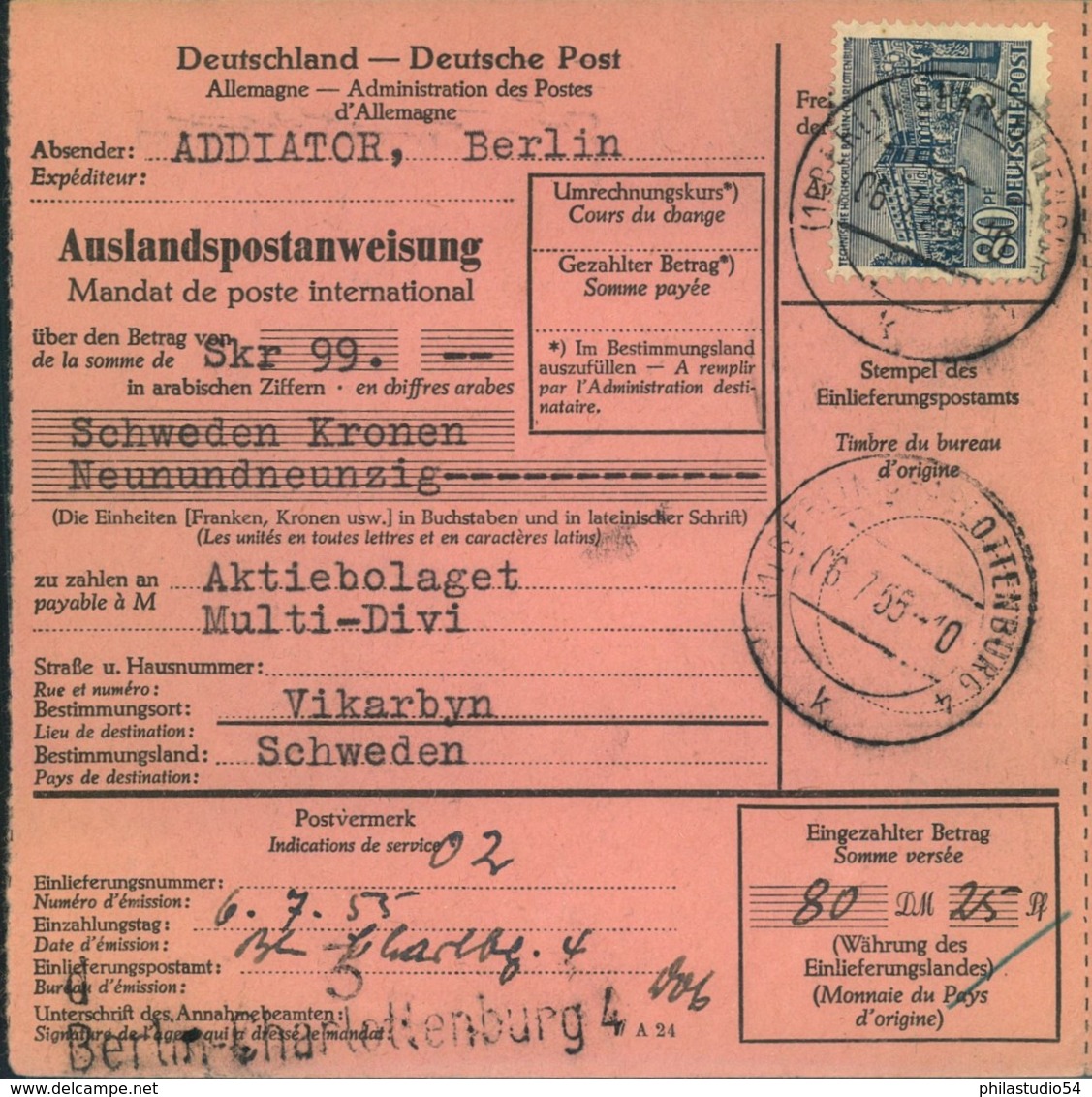 1955, Postanweisung Nach Schweden Mit 80 Pfg. Bauten EF Ab BERLIN-CHARLOTTENBURG 4 - Autres & Non Classés