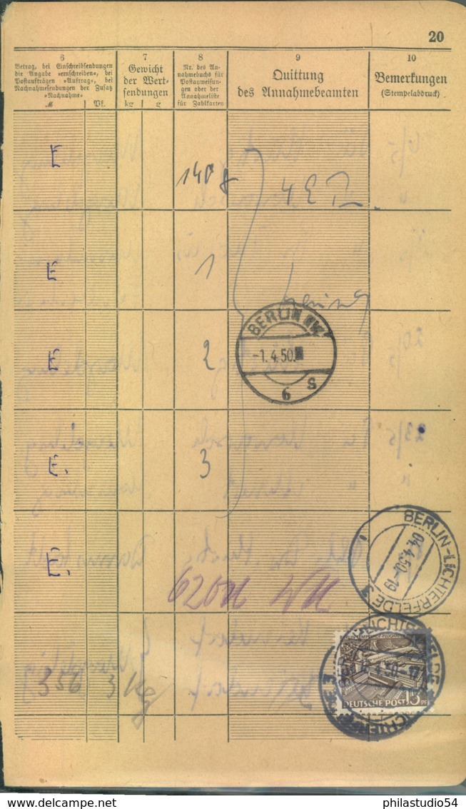 1950, 15 Pfg. Bauten Auf Einlieferungsbuch-Seite Für Ein Paket BERLIN-LICHTENRADE - Sonstige & Ohne Zuordnung