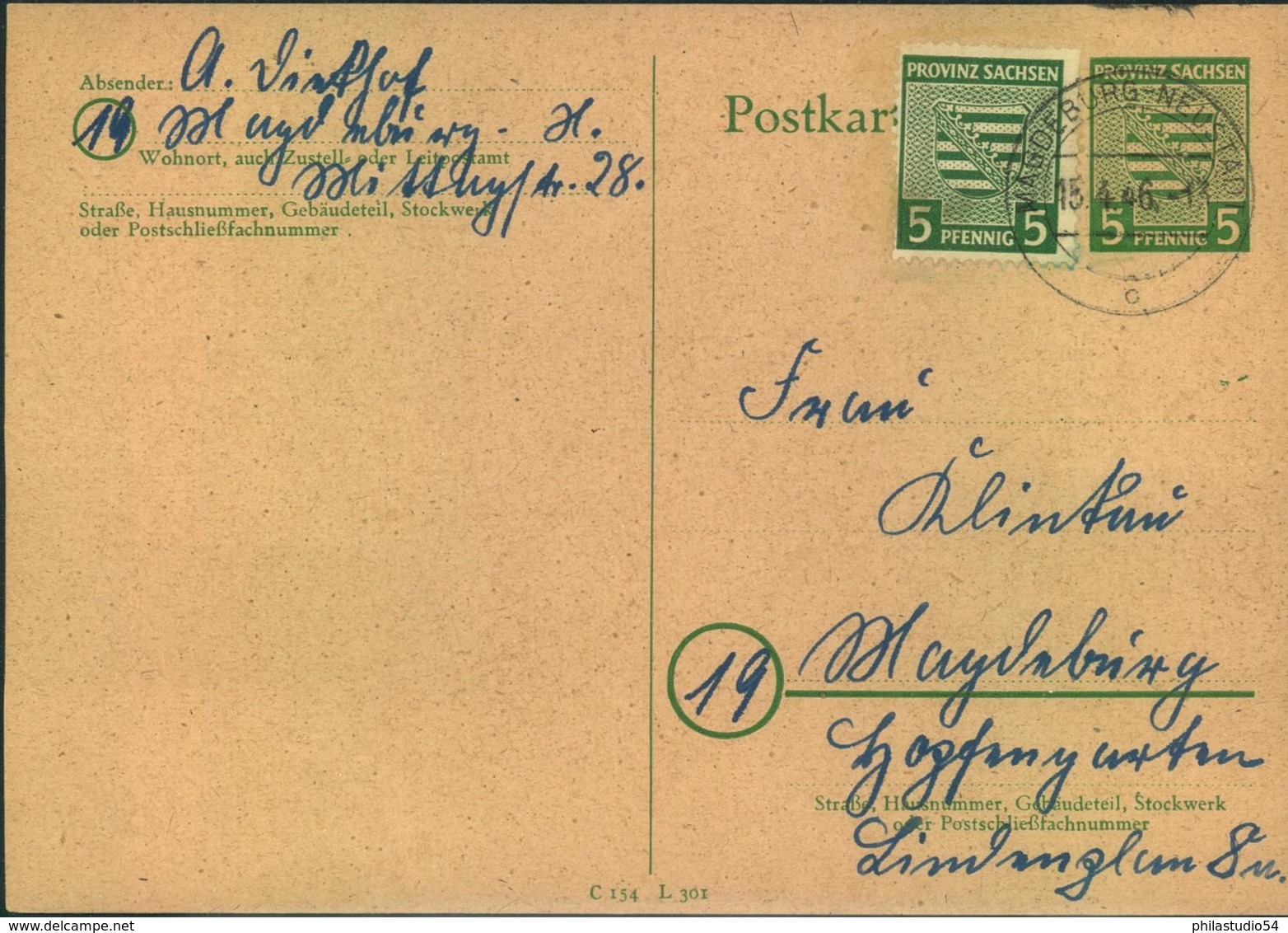 1946, 15.4.: 5 Pfg. Wappen Als Bildgleiche Zusatzfrankatur Auf Ortskarte "MAGDEBURG-NEUSTADT" - Otros & Sin Clasificación