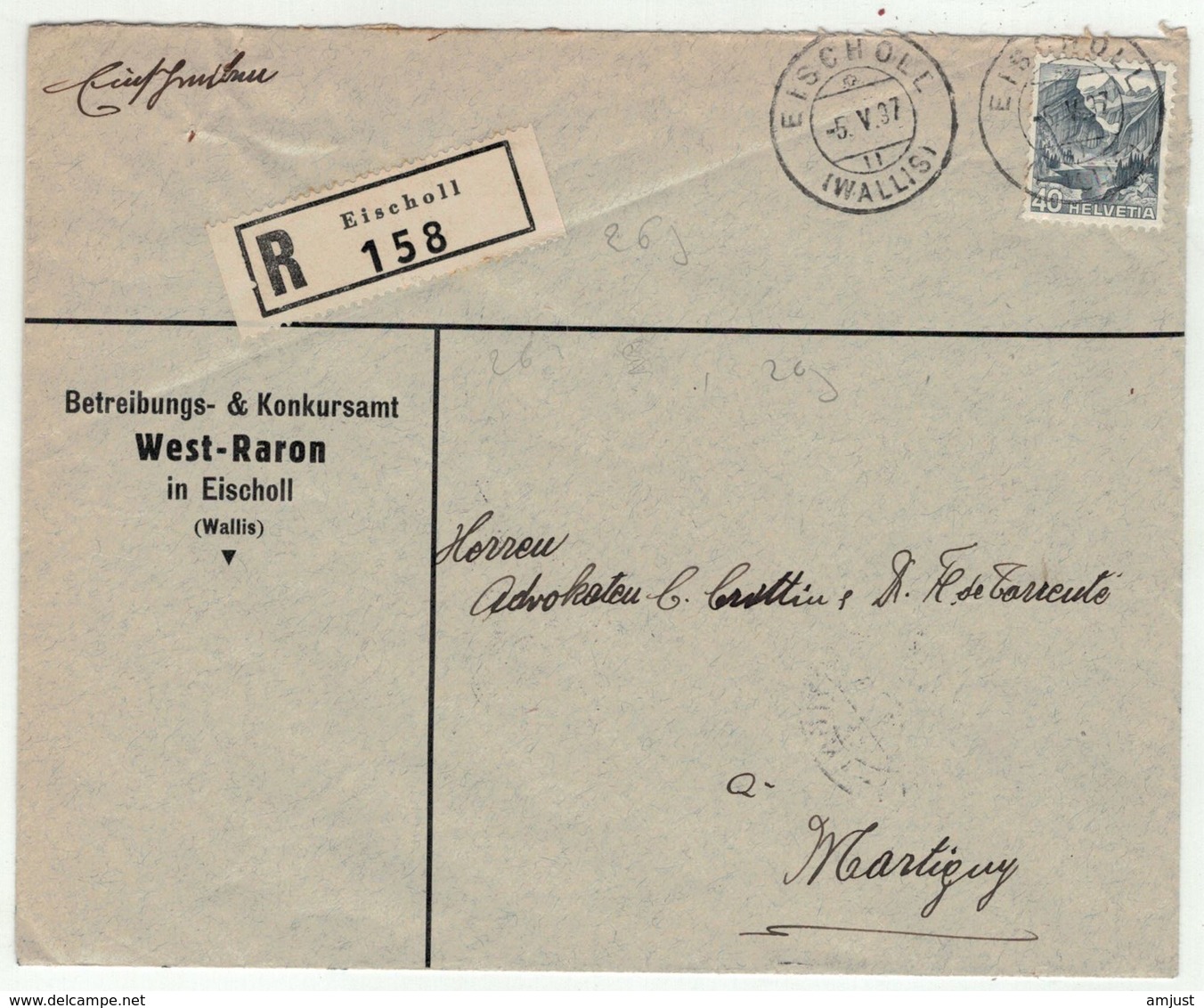 Suisse // Schweiz // Switzerland //  1907-1939 // Lettre Recommandée De  Eischoll Pour Martigny - Lettres & Documents