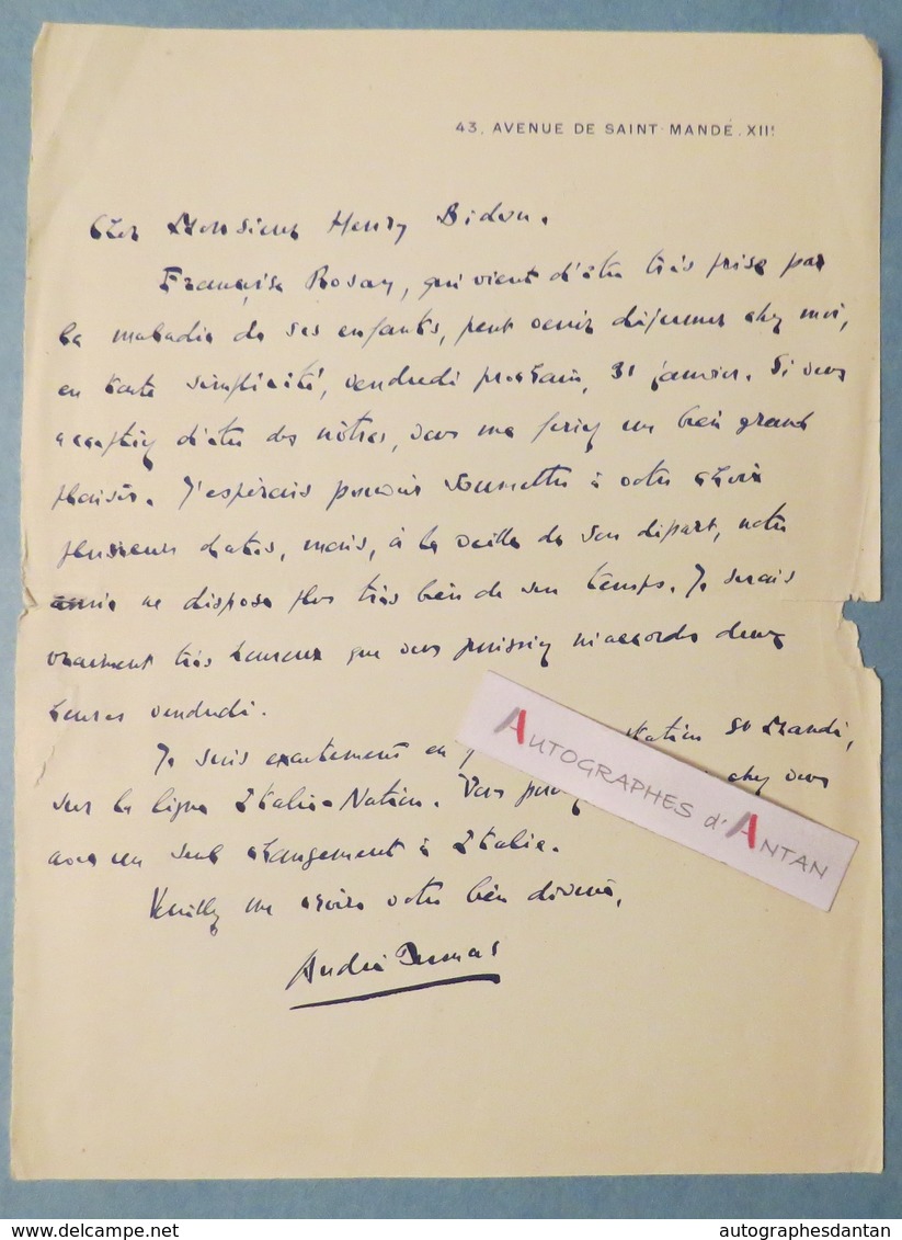 L.A.S André DUMAS Poète & Dramaturge à Henry BIDOU - Françoise ROSAY - Av. De Saint Mandé - Lettre Autographe - Autres & Non Classés