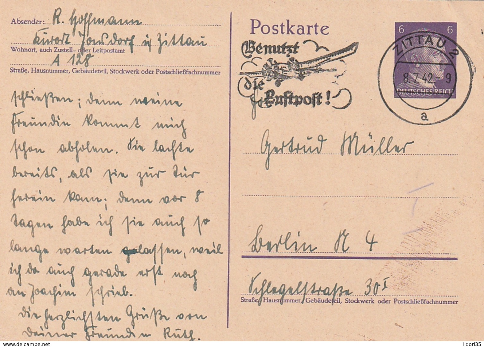 Deutsches Reich / 1942 / Masch.-Stempel Zittau "Benutzt Die Luftpost" Auf Postkarte (4071) - Maschinenstempel (EMA)