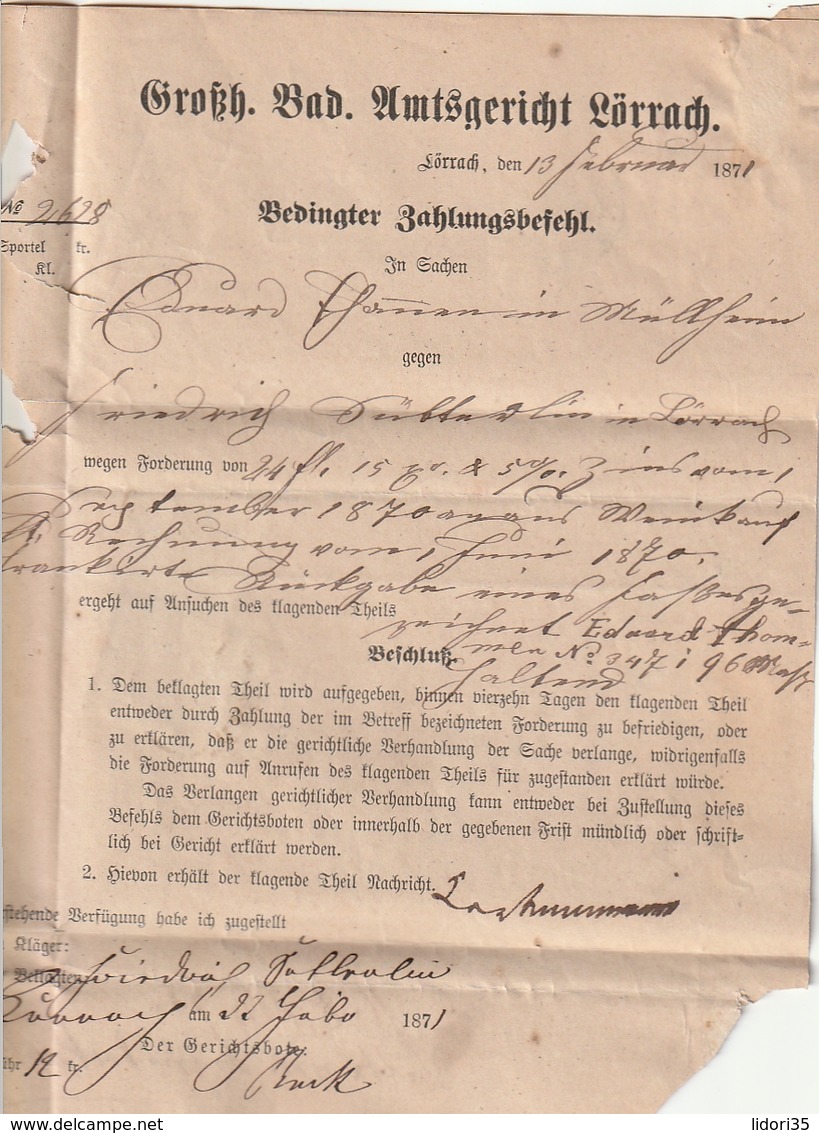 Baden / 1868 / Mi. 23 Und 24 Zusammen Auf Brief (Zahlungsbefehl) K2 LOERRACH (4074) - Sonstige & Ohne Zuordnung