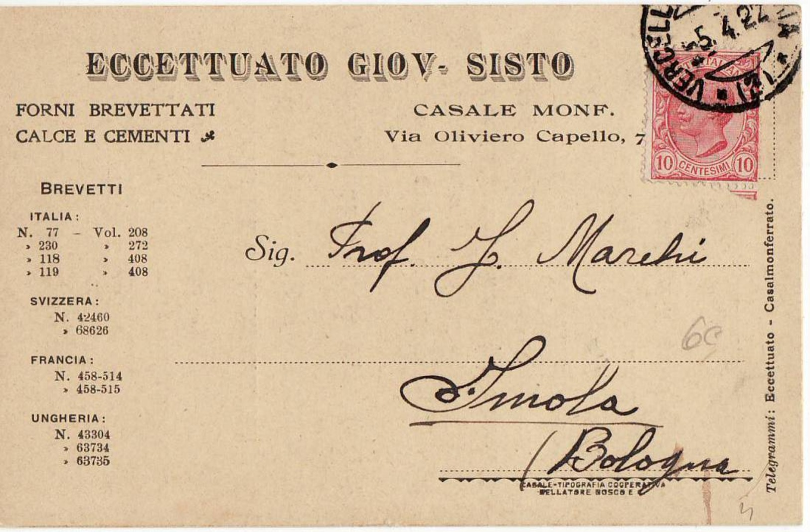 4082 ALESSANDRIA CASALE MONFERRATO SISTO - Storia Postale