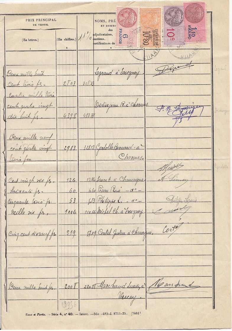 Eaux Et Forêts , Epinal , Vosges ,adjudication De Bois ,6 Pages Dont 2 Avec Timbres Fiscaux ,1939 , 2 Scans - 1900 – 1949