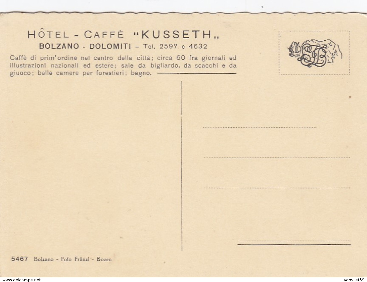 BOZEN-BOLZANO-HOTEL-CAFFE0KUSSETH=INTERNO-CARTOLINA NON VIAGGIATA ANNO 1940-1950 - Bolzano (Bozen)