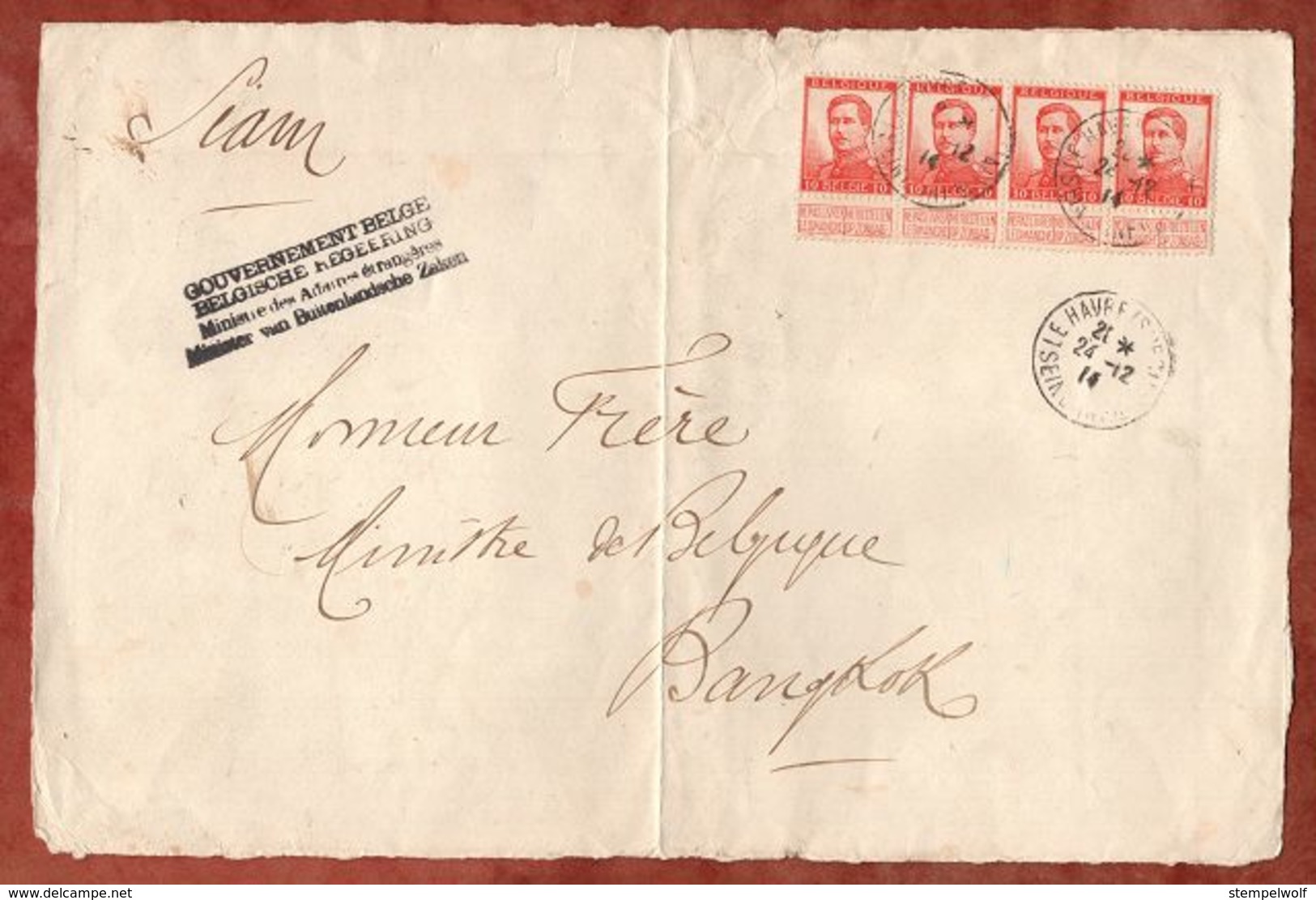 Briefvorderseite, Gouvernement Belge, Belgische Regeering, Koenig Albert, Le Havre Nach Bangkok 1914 (89014) - Storia Postale