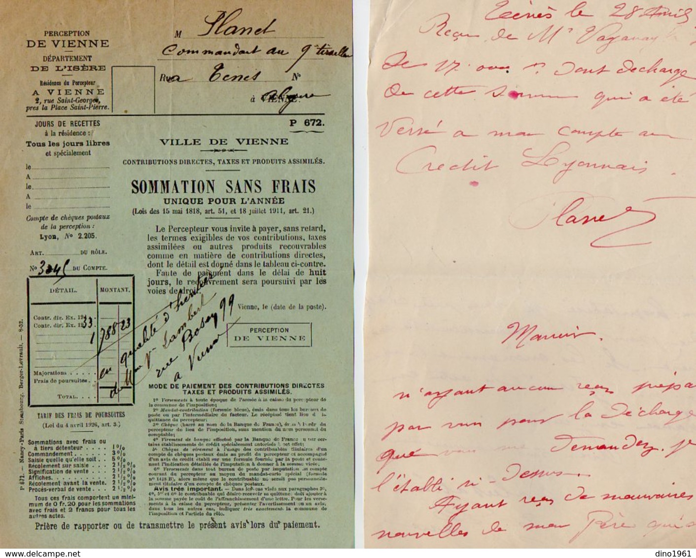 VP16.553 - MILITARIA - Lettre Du Cdt PLANET Au 9 è Tirailleur à TENES (Algèrie) & Lettre De La Perception De VIENNE - Documenten