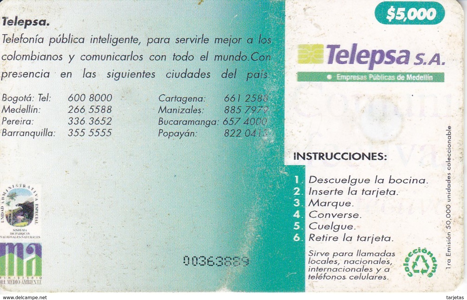 TARJETA DE COLOMBIA DEL SANTUARIO DE IGUAQUE $5000 (marca De Doblez) - Colombia