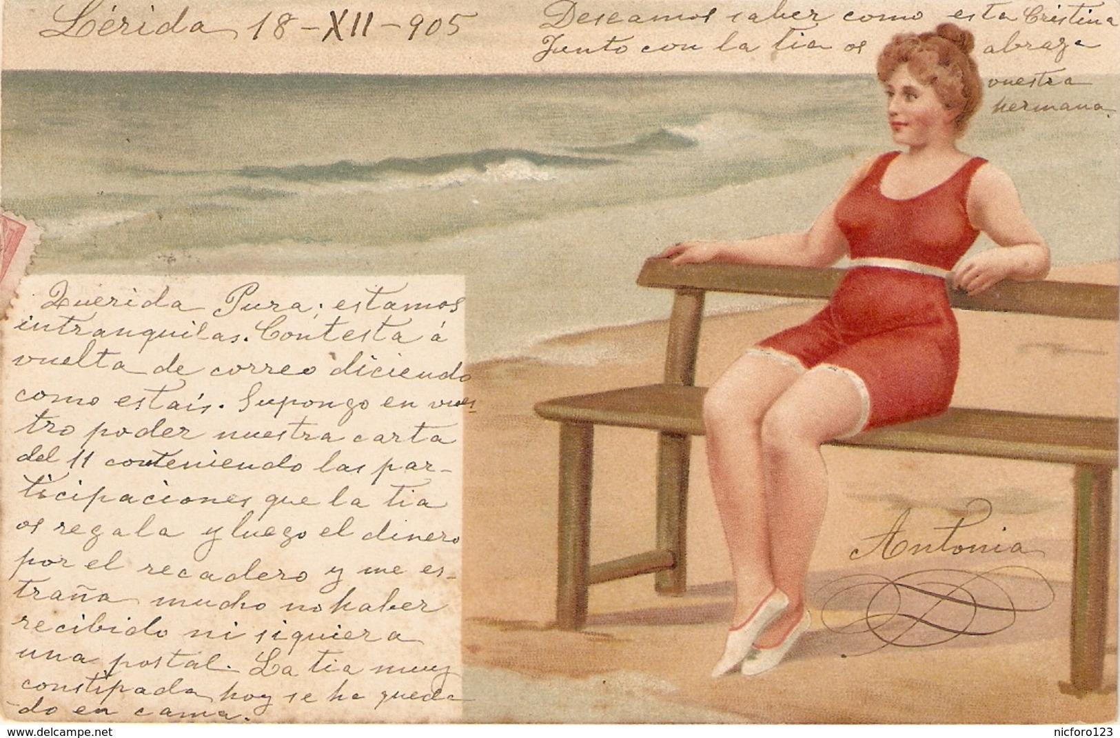 "Ldy Bather. Sitting On Bench At The Beach" Nice Vintage German Postcard - Frauen