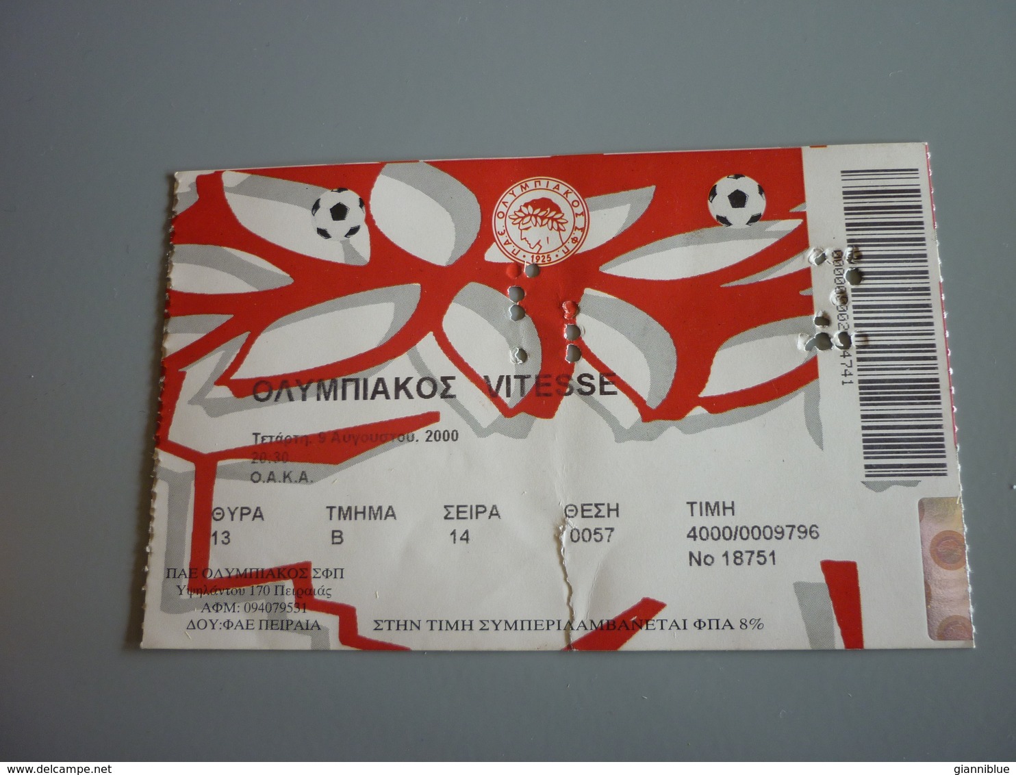 Olympiakos-Vitesse International Friendly Game Football Match Ticket Stub 09/08/2000 Fisherman's Friend Smirnoff Citroen - Tickets - Entradas