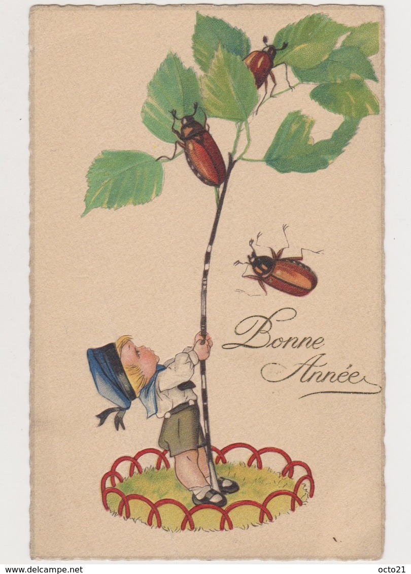 Cpa Fantaisie / Petit Garçon Secourant Une Branche Avec 3 Hannetons /Bonne Année - Insectes