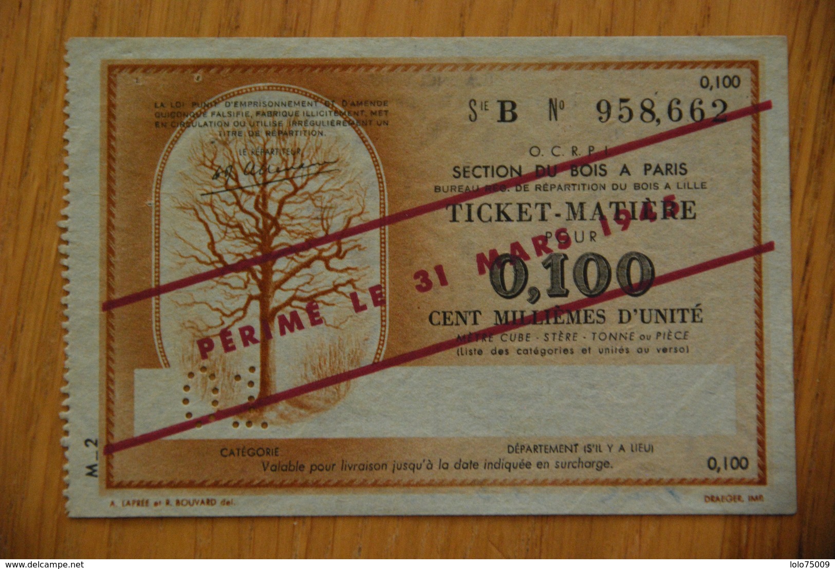 Rationnement Ticket Billet Matiere Bois - Historische Documenten