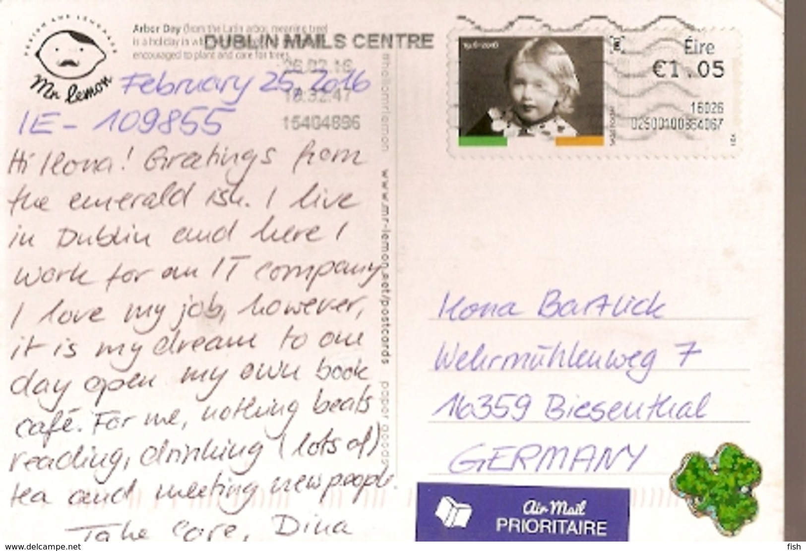 Ireland & Marcofilia, Arbor Day, Dublin To Biesenthal Germany 2016 (6566) - Cartas & Documentos