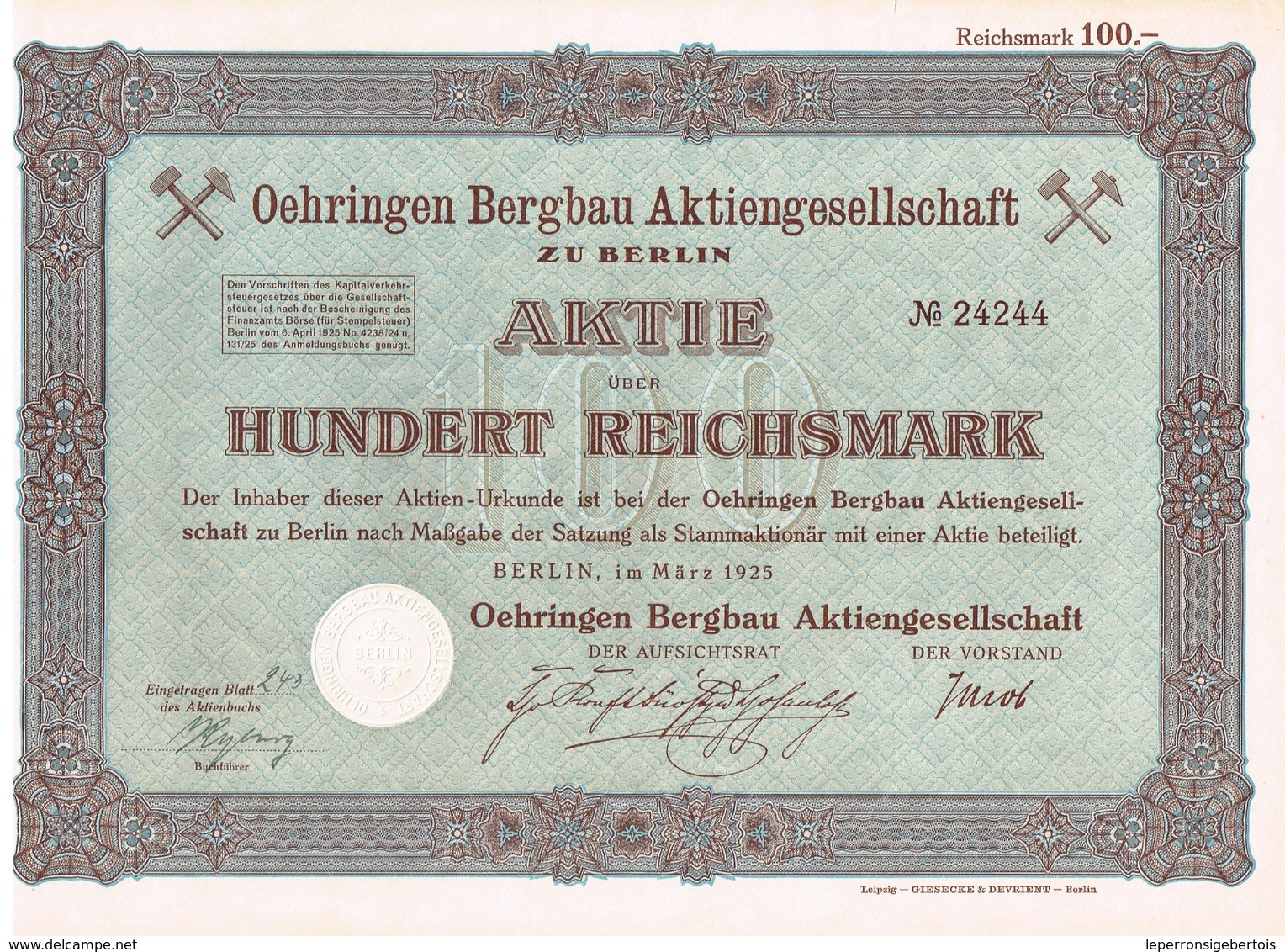 Titre Ancien - Oehringen Bergbau Aktiengesellschaft - Titre De 1925 - - Bergbau
