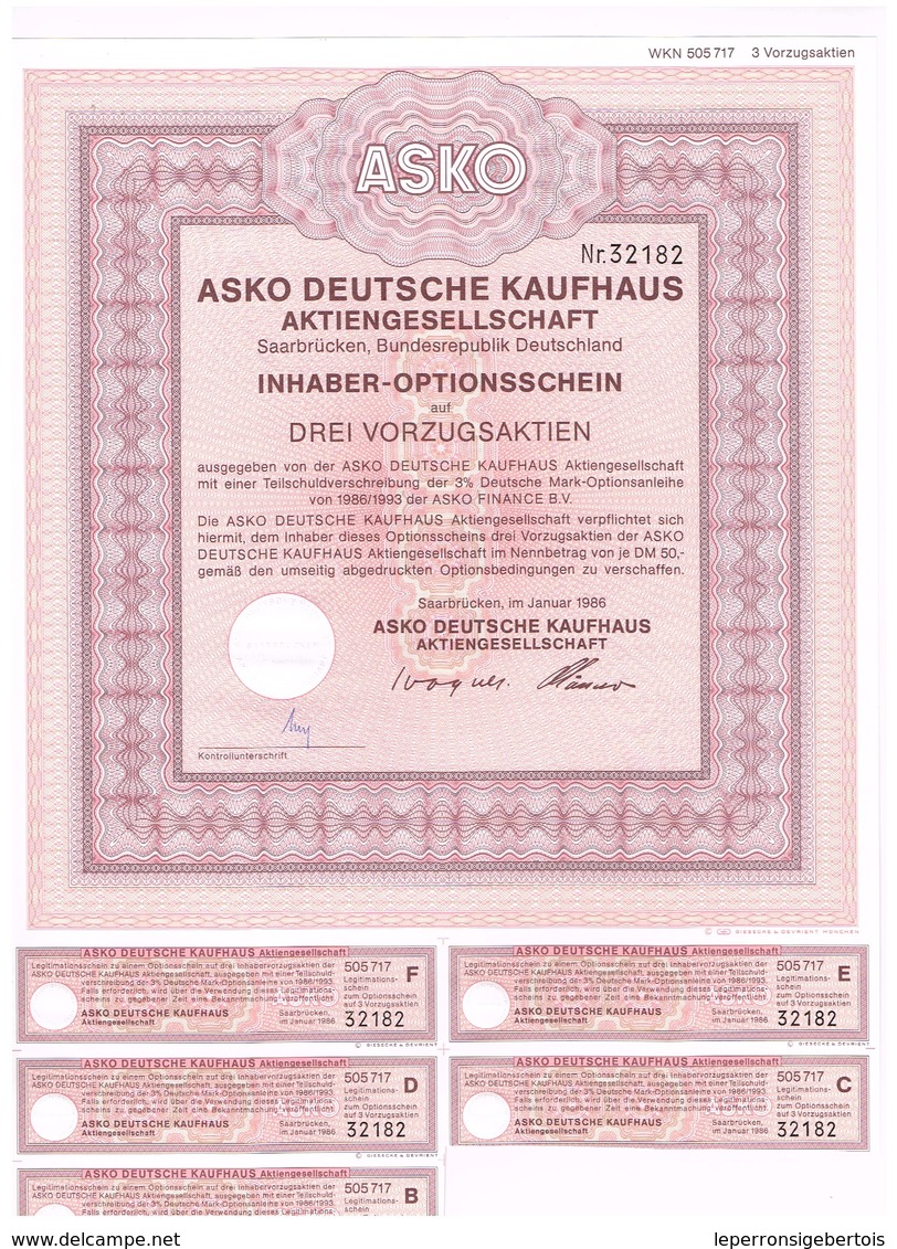 Titre Ancien - ASKO Deutsche Kaufhaus Aktiengesellschaft - Titre De 1986 - Autres & Non Classés