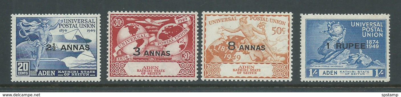 Aden Kathiri State Seiyun 1949 UPU Set 4 MNH , 1/- Couple Toned Perfs - Aden (1854-1963)