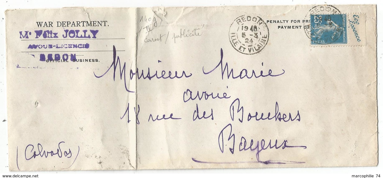 SEMEUSE 25C N°140 PUB ECO ESSENCE LETTRE REDON 5.3.1924 COTE MAURY 150€ - 1906-38 Säerin, Untergrund Glatt