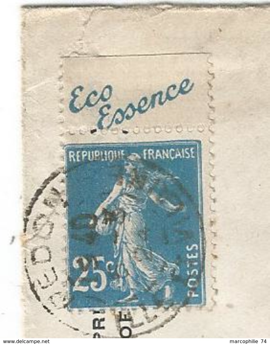 SEMEUSE 25C N°140 PUB ECO ESSENCE LETTRE REDON 5.3.1924 COTE MAURY 150€ - 1906-38 Semeuse Camée