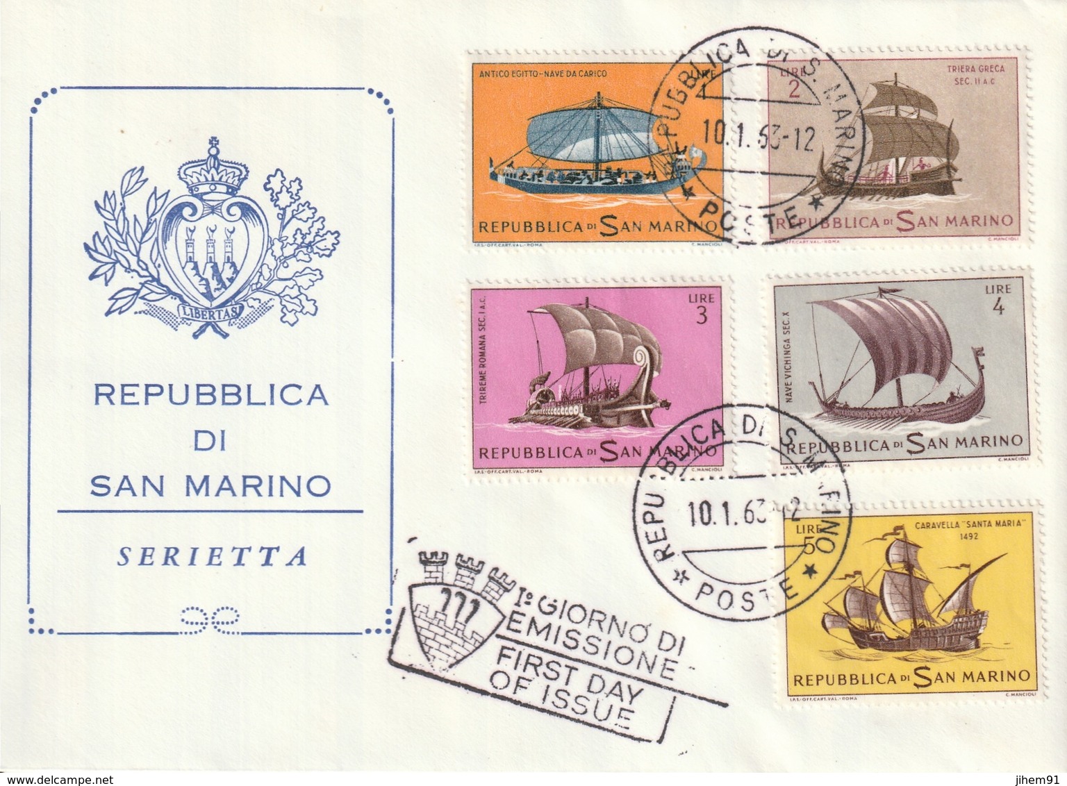 FDC De "Rep. Di San Marino" Du 10-01-1963, "Voiliers Antiques : Drakkar, Caravelle" - FDC