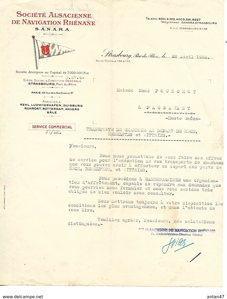 Facture 1936 / 67 STRASBOURG / SANARA / Navigation Rhénane, Port Du Rhin Offre Transport Charbon / KELH BALE ANVERS - 1900 – 1949